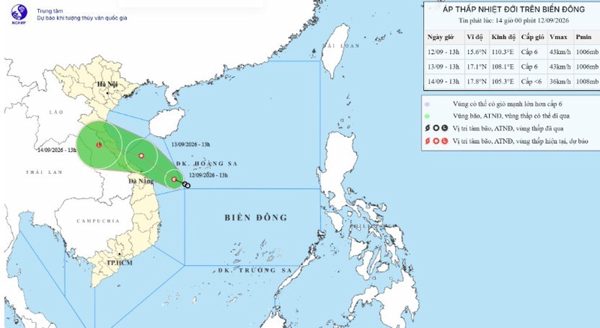 Áp thấp nhiệt đới không đổi hướng di chuyển, hướng về vùng biển Quảng Trị-Huế