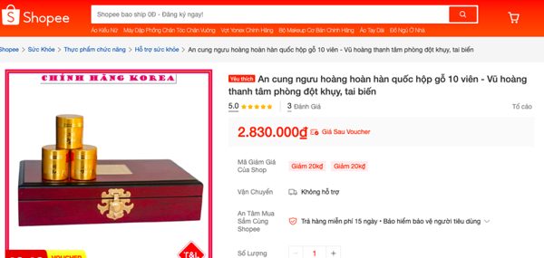 Bộ Y tế yêu cầu Shopee gỡ sản phẩm An cung ngưu hoàng hoàn hộp gỗ 10 viên