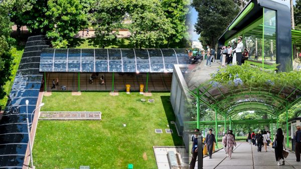 Cận cảnh mái che, nhà chờ tiện ích nối trạm xe buýt với ga metro