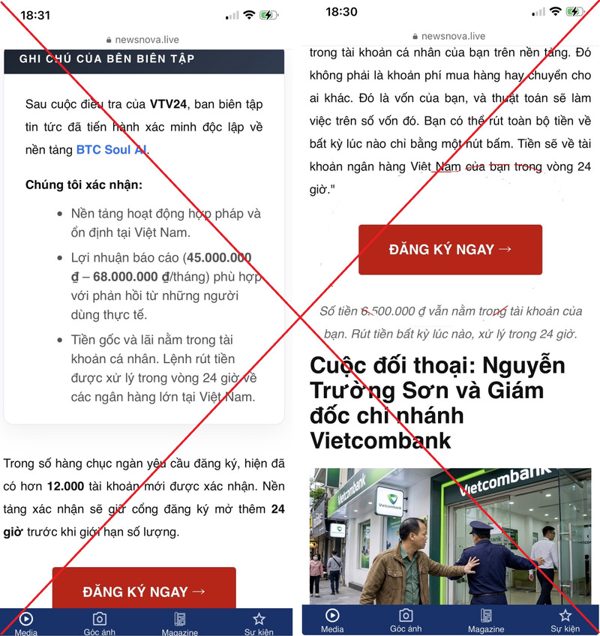 Cảnh báo thủ đoạn giả mạo báo chí và thương hiệu Vietcombank để dụ dỗ đầu tư nền tảng tiền số trái phép