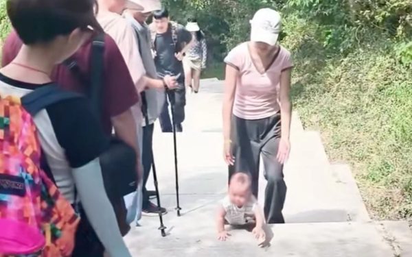 Cha mẹ cho con 9 tháng tuổi leo núi, dân mạng tranh luận cách nuôi con