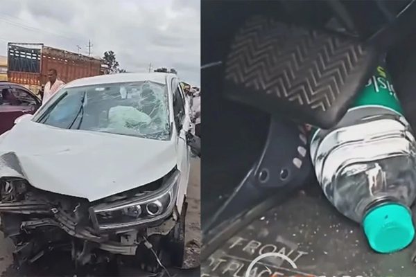 Chai nước kẹt dưới chân phanh, ô tô chở 6 người lao vào cột điện