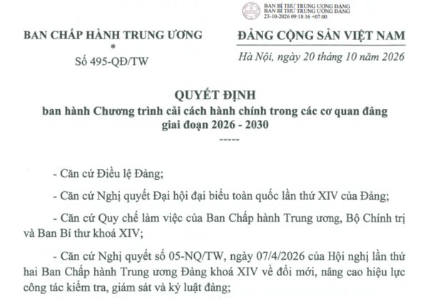 Chương trình cải cách hành chính trong các cơ quan đảng giai đoạn 2026-2030