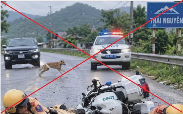 'Hai cảnh sát giao thông gặp nạn ở Thái Nguyên vì chó lao qua đường' là tin giả, ảnh do AI tạo