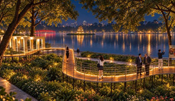 Lắp đặt cầu cảnh quan khung gương ở vườn hoa Hồ Hoàn Kiếm