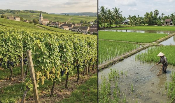 Ly champagne và con tôm trong ruộng lúa