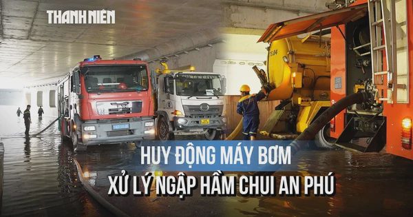 Máy bơm chạy hết công suất để giải quyết ngập hầm chui An Phú