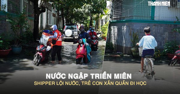 Nước ngập triền miên ở hẻm TP.HCM: Shipper lội nước, trẻ con xắn quần đi học