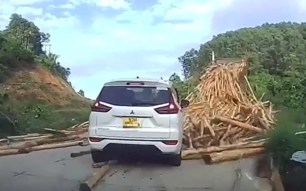 Thót tim cảnh đống gỗ từ xe tải đổ ập xuống đường, tài xế lùi xe thoát hiểm