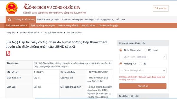 Thủ tục cấp lại giấy chứng nhận quyền sử dụng đất bị mất thuộc thẩm quyền cấp xã tại Hà Nội