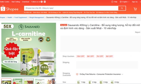 Thực phẩm chức năng “Sausando Slimming capsule” trên Shopee chưa được cấp Giấy công bố sản phẩm