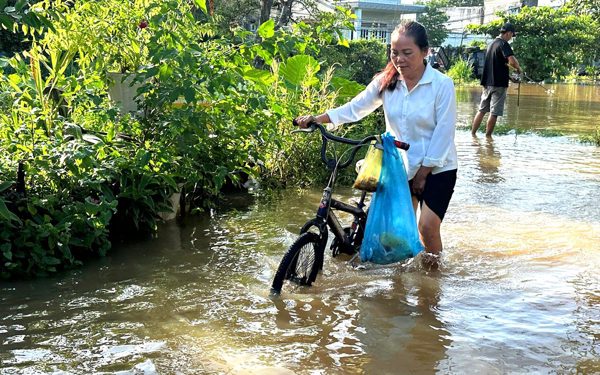 Triều cường sông Đồng Nai dâng cao, người dân vùng trũng lại bì bõm lội nước