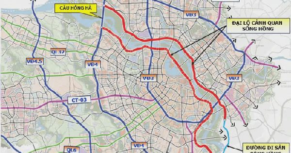 Trục đại lộ cảnh quan sông Hồng dự kiến dài 80km với 10 làn xe, kết nối 2 bên sông bằng 17 cây cầu
