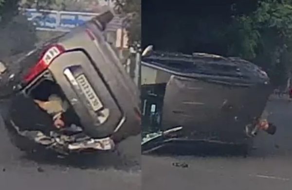 Vượt ở tốc độ cao, ô tô lật nhào, hành khách kẹt nửa người ra khỏi kính chắn gió