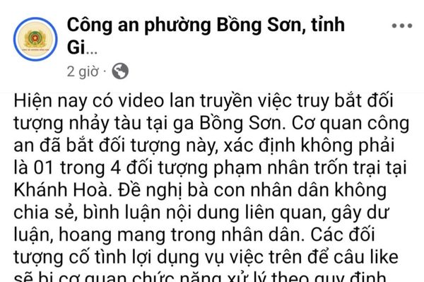Yêu cầu không lan truyền clip 'vây bắt' người đàn ông trên nóc tàu hỏa gây nhầm lẫn với phạm nhân trốn trại